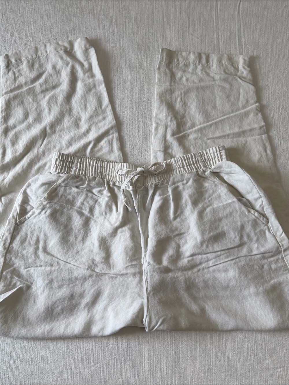 Essentials Style White Linen Blend Drawstring Pull-On Pants - Picture 2 of 4